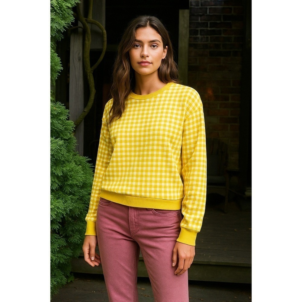 Draper‎ James Yellow Natalie Gingham Crewneck Long Sleeve Top Size S